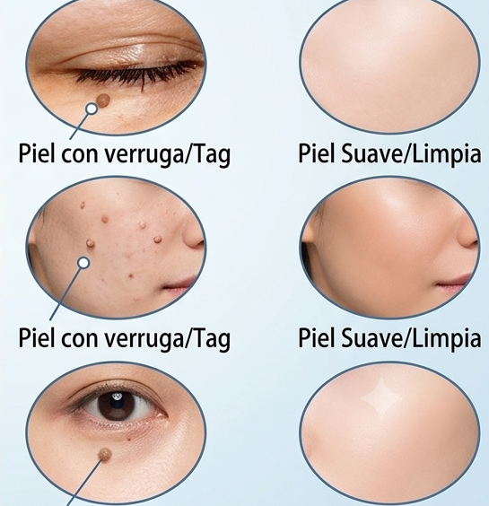 Piel con verruga o tag comparada con piel suave y limpia